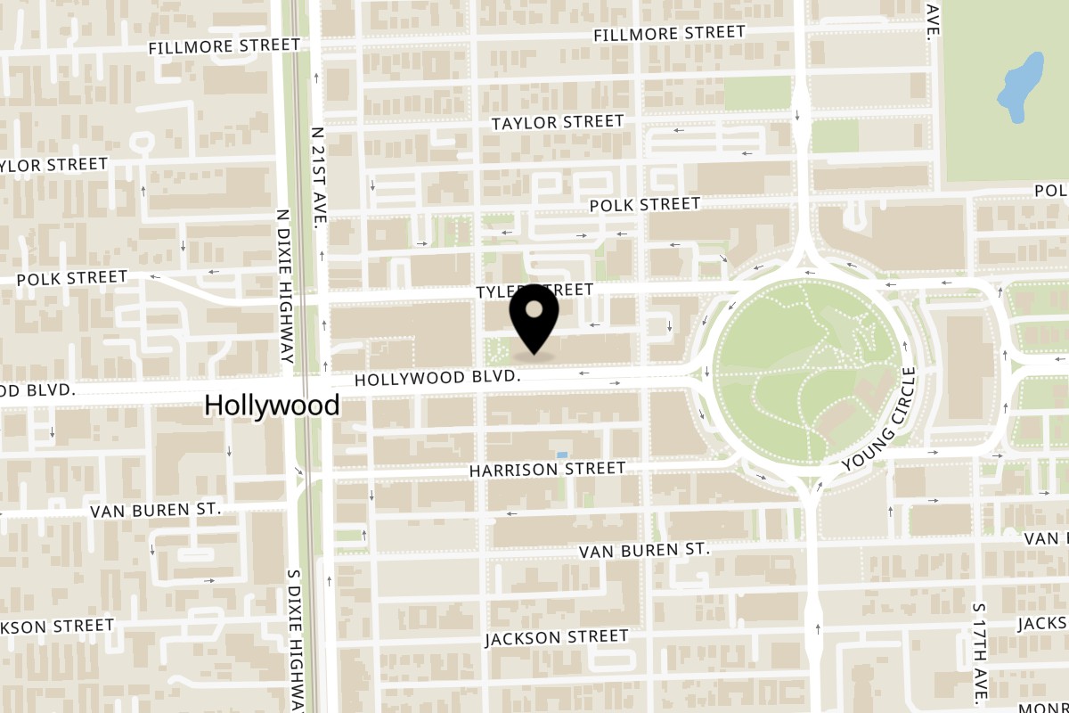 Map showing the location of Sajna Indian Cuisine on 1933 Hollywood Blvd in Hollywood